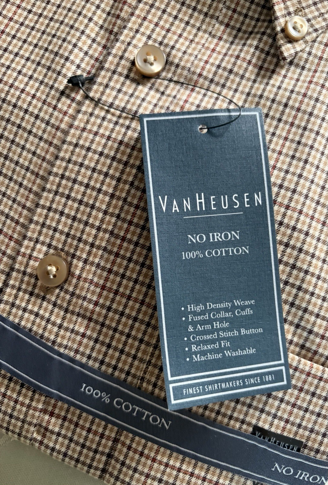 NWT Van Heusen Shirt Mens Tan Black Plaid Long Sleeve No Iron Button Down XL thumbnail 2