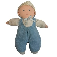 Vintage Eden Blue Terrycloth Boy Doll Plush Overalls Stripe Bonnet 10" Blond