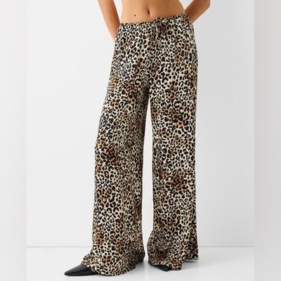 Bershka Women's Leopard Printed Satin Pants,Beige/Black brown Size Small NWT  