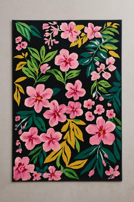 Floral Area Rug: Handgetufteter Wollteppich, rosa & grüne Blumen