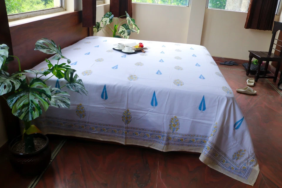Hand Block Printed Cotton Bedsheet | White Floral Bed Sheet with Floral Border - Image 2 of 4