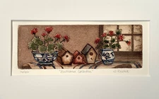 SARAH S. RISHEL SIGNED ETCHING BIRDHOUSE COLLECTION 11" X 14" FRAME MAT 116/150