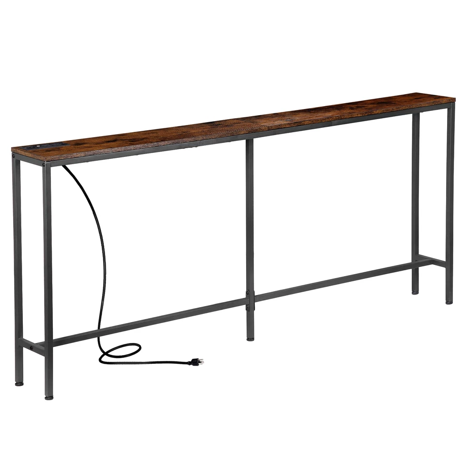 Mesa console com tomada elétrica sofá mesa estreita 70,8" atrás mesa sofá marrom - Imagem 3 de 4