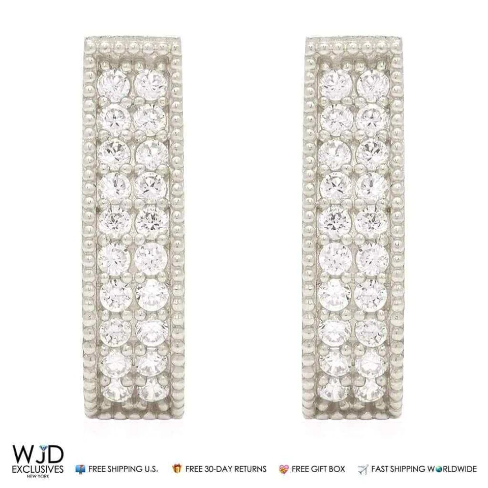 0.80Ct Double-Row Huggie Hoop Earrings 14K White Gold 0.7" - Image 2 of 4