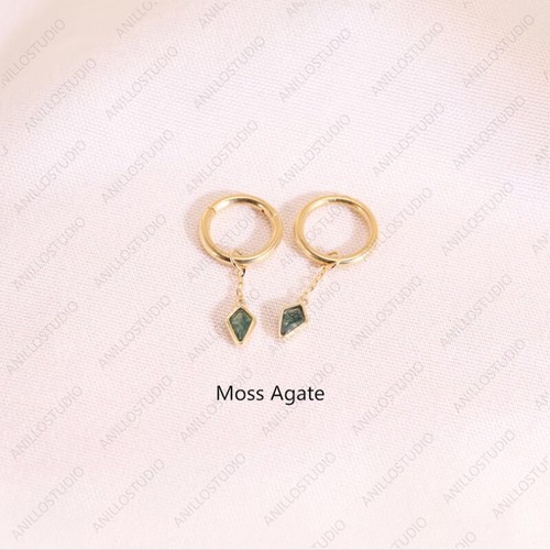 Dije aro colgante cadena cometa bisel delicado ágata musgo natural oro amarillo macizo 14K - Imagen 8 de 10