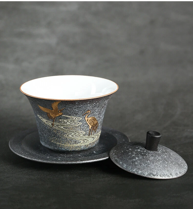 Juego de platillo taza puré relieve grúa hecha a mano porcelana estilo antiguo Gaiwan Foto 2 de 4