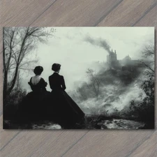 Art Print Moody Silhouettes Castle Fog Gothic Trees Dreamlike Misty Scene