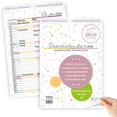 TOBJA Paarkalender 2026 Kalender Wandkalender Familienkalender 3-Spalten Monatskalende