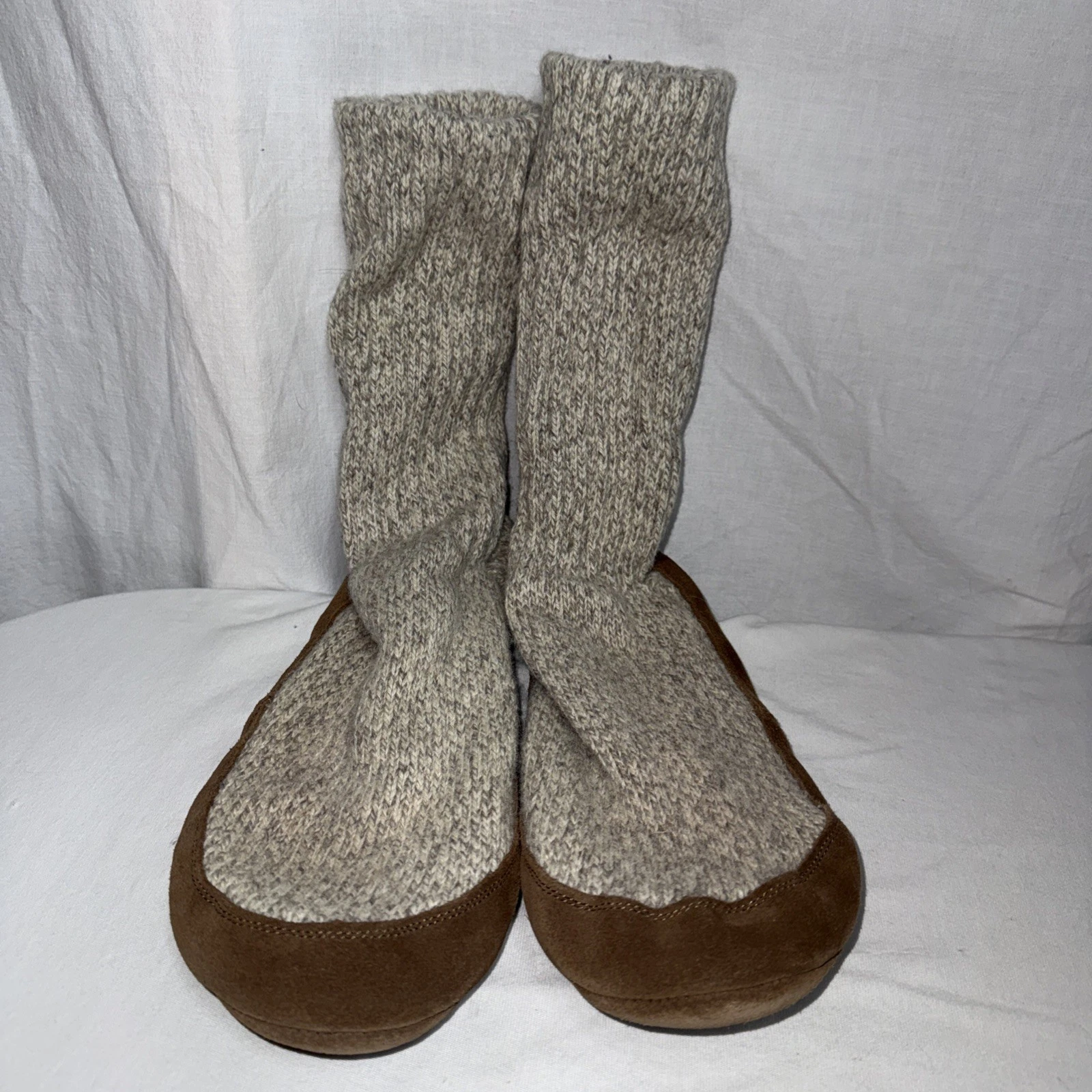 Mens LL Bean Rag Wool Slipper Socks Leather Soles Sz Large 10.5-11.5 House Shoes