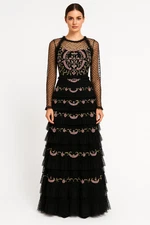 Mac Duggal NWT 8030 Floral Embroidered Mesh Tiered Gown Black Sz 8 Whimsigoth
