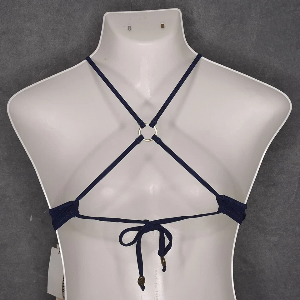 Nanette Lepore Swim XS Azul Marino Crochet Ribete Halter Bikini Top Corbatas Espaldas Ajustables Foto 2 de 4