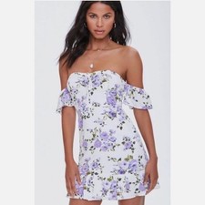 Forever 21 Mini Dress Size S White Purple Floral Off Shoulder Ruffle Cottagecore