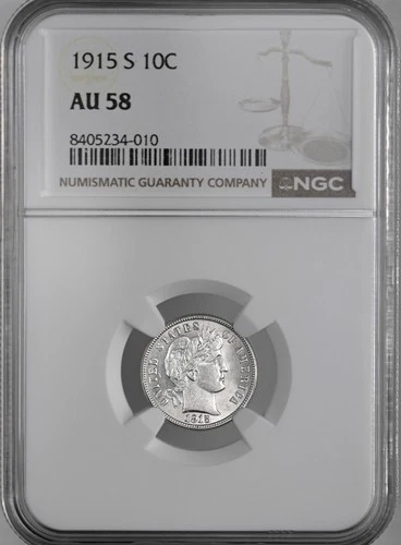 1915-S  10C  BARBER SILVER DIME  "SAN FRANCISCO"  NGC AU58  #8405234-010