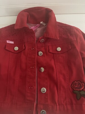 Cutie Patootie Girls Red Lace Silver Button Denim Jacked Small 7 Cotton Blend