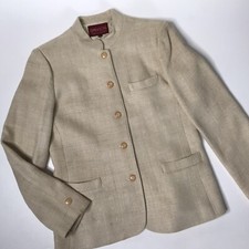 Vintage Sasson Womens 8 Silk Blazer Beige Mandarin Collar Jacket Career Business