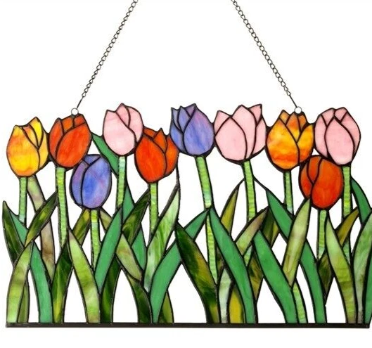 Tiffany Style Stained Cut Glass Window Panel Multi-Color Tulip Floral Design NEW - Image 2 of 2