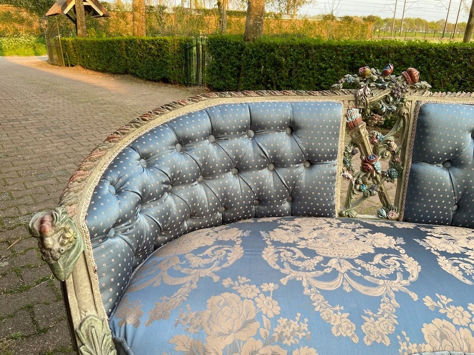 Sofa Couch French Louis XVI Corbeille Blue Damask Gold Gilt Vintage Settee - Image 3 of 4