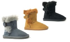NEW Girls Classic Mid Snow Boots Buckle Unisex Winter Flat Heel Shoe Faux Fur