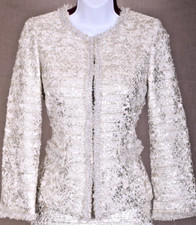 ST.JOHN Women's Knit Cream Gold Silver Fringed Trim Shimmer Jacket Sz 4