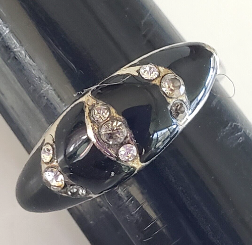 Vintage Clear Rhinestone Black Enamel Silver Tone Ring Size 6.5 Adjustable - Picture 11 of 11