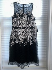 Adrianna Papell Black, Sleevless Cocktail Dress with White Stitch Floral Pattern