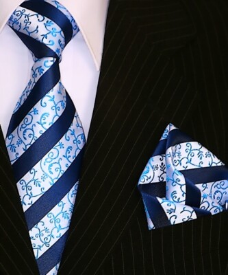 Binder de Luxe Krawatte Einstecktuch Krawatten Set Tie 122 blau gestreift