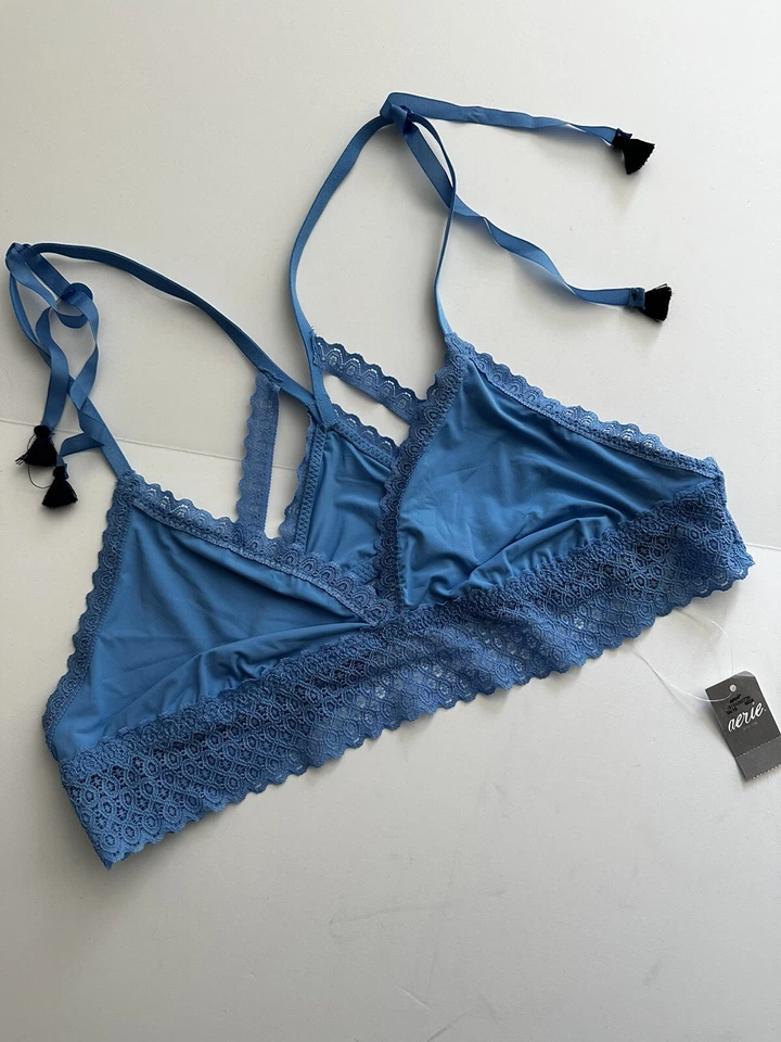 Nuevo Sujetador Inalámbrico Sin Forro Aerie M Bralette Azul Bralette Corbatas con Borlas Espalda Corredora Foto 2 de 4