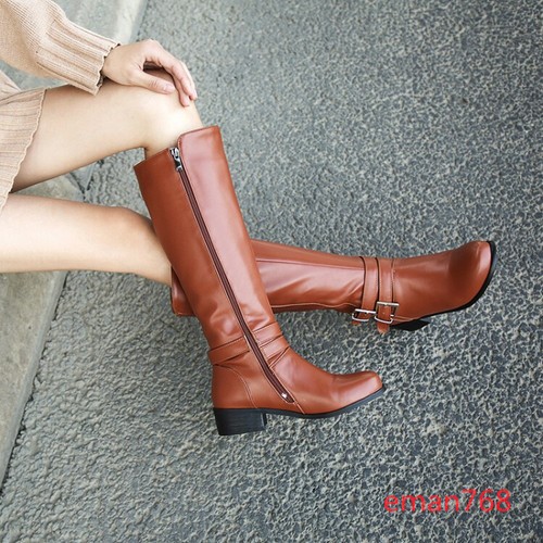 Womens Chunky Low Heels Knee High Buckle Horse Riding Boots Fashion Zipper Shoes - Picture 10 of 12