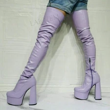 Women Thigh High Boots Side Zip Block Heels Over Knee Boots Shiny Shoes Woman