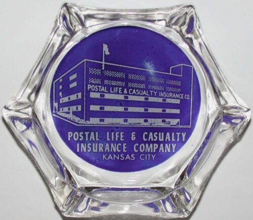 Vintage glass ashtray POSTAL LIFE and CASUALTY INSURANCE blue Kansas City MO - Picture 2 of 3
