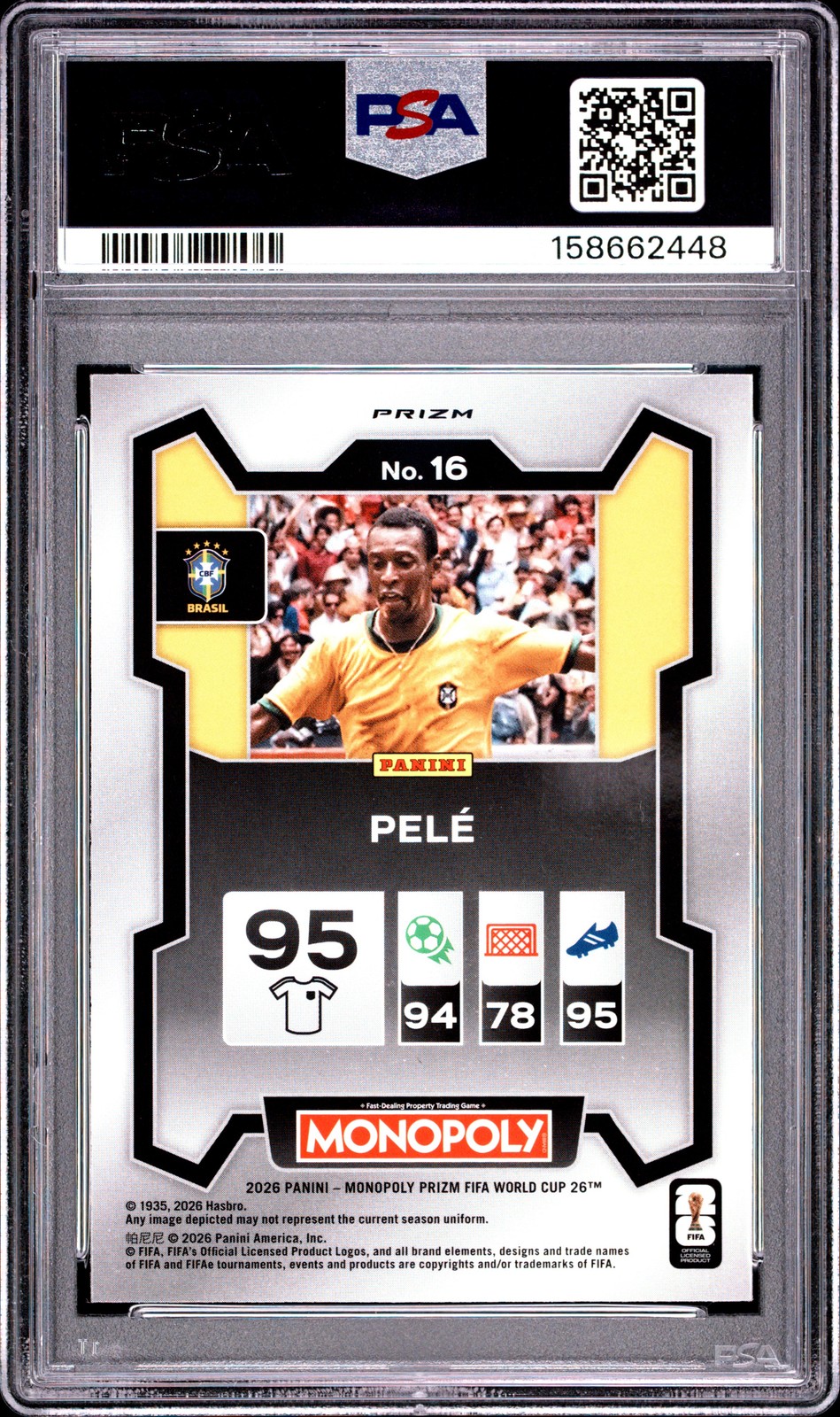 158662448 Pele 2026 Panini Prizm Monopoly World Cup #16 Gold Cracked Ice PSA 9 view 2