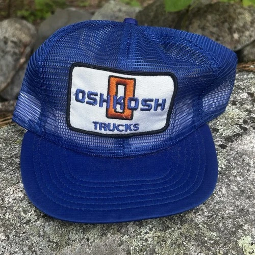 Vintage OSHKOSH TRUCKS HAT mesh Blue snapback CAP w/ Patch
