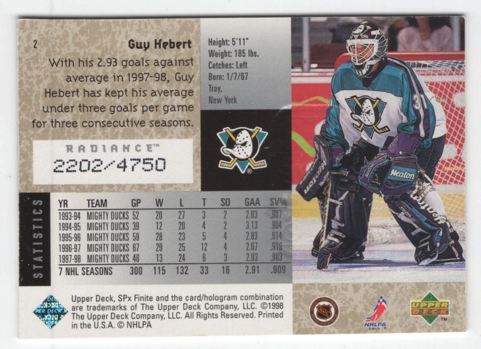 1998-99 SPx Finite Radiance Guy Hebert /4750 Anaheim Mighty Ducks #2 - Image 2 of 2