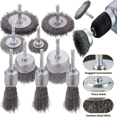 10 Pack Wire Brush Drill Attachments 1/4'' Shank Steel Wheel Cup Rust Remover Set