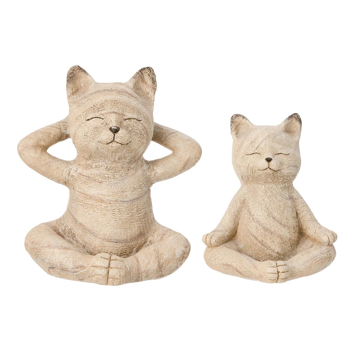 Statuettes chats yoga 20cm lot de 2 effet bois naturel, sculpture design épuré