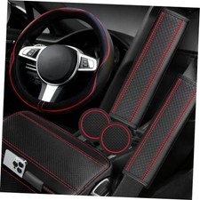 6 PCS Car Microfiber Leather Steering Steering Wheel Cover Set Black with red
