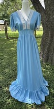 Vtg 70s Maxi Dress Blue Lace Trim Empire Waist Prairie Cottagecore Handmade