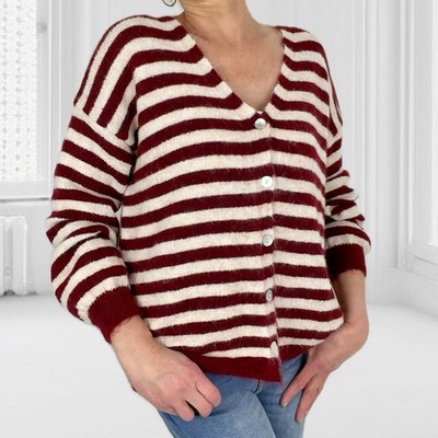Damen Strickjacke Streifen Cardigan Pulli Pullover Jacke Strick Weste Bordeaux