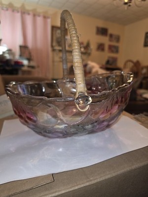 Vintage Indiana Glass Fruit Bowl Wicker Rattan Handle Iridescent Oval