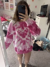 Pink White Tie Dye Pullover Sweatshirt Women's Relaxed Fit Crew Neck Long Sleeve