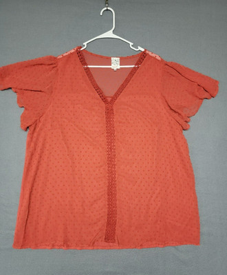 NAIF~Womans 3X Dotted Swiss Sheer Overlay Lined Short Flutter Sleeve RUST Orange