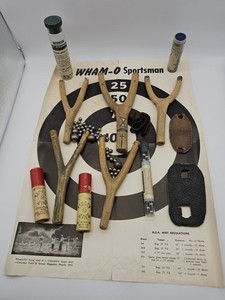 Lot 5 Vintage 1950's Handmade Wood Slingshots, Shot, Wham-O Target, Cigar Box