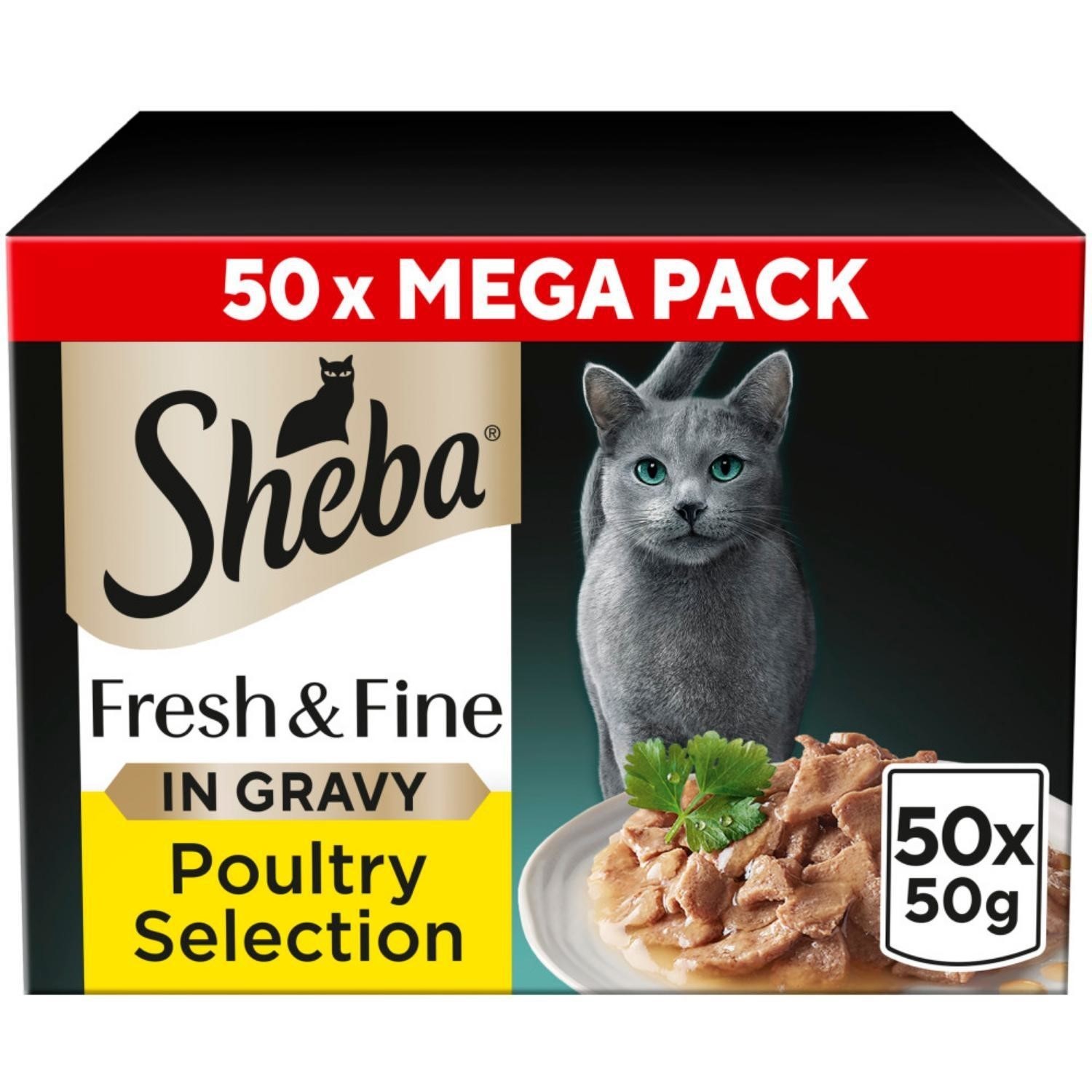 100 x 50g Sheba Fresh & Fine Adult Wet Cat Food Pouches Mixed Poultry in Gravy