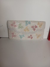 1950s Vintage White Iridescent Beaded Sequin Evening Bag Clutch Purse Hong Kong