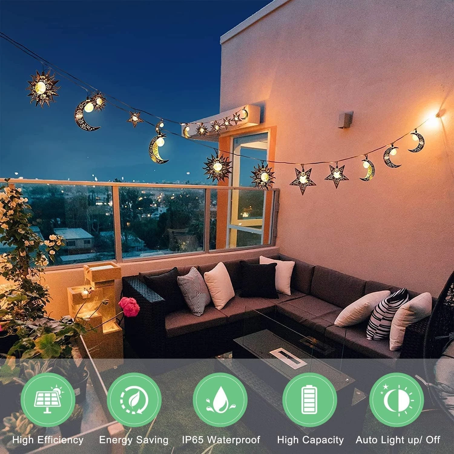 Decorative Celestial Sun Moon Stars LED Solar String Lights