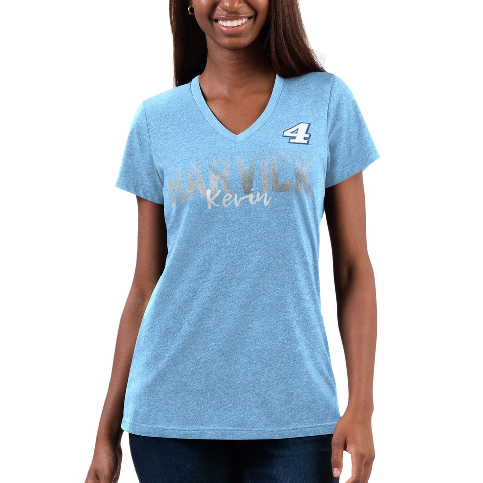 Camiseta para mujer G-III 4Her by Carl Banks azul claro Kevin Harvick cuello en V a presión Foto 3 de 4