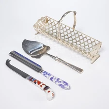 830 Silver Porcelain Plated Cheese Slicer Knife Cracker Basket Tray 4 pc Mix Lot