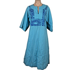 VTG 70s Tiki Togs Teal Caftan HandPrinted Suva-Fiji Hawaiian Dress Midi Mummu