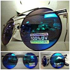 Men or Women CLASSIC VINTAGE RETRO Style SUNGLASSES Round Silver Frame Blue Lens