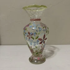 Tracy Porter Vintage Bud Vase Ruffled Edge Pink Floral Hand Painted Pinched Rim